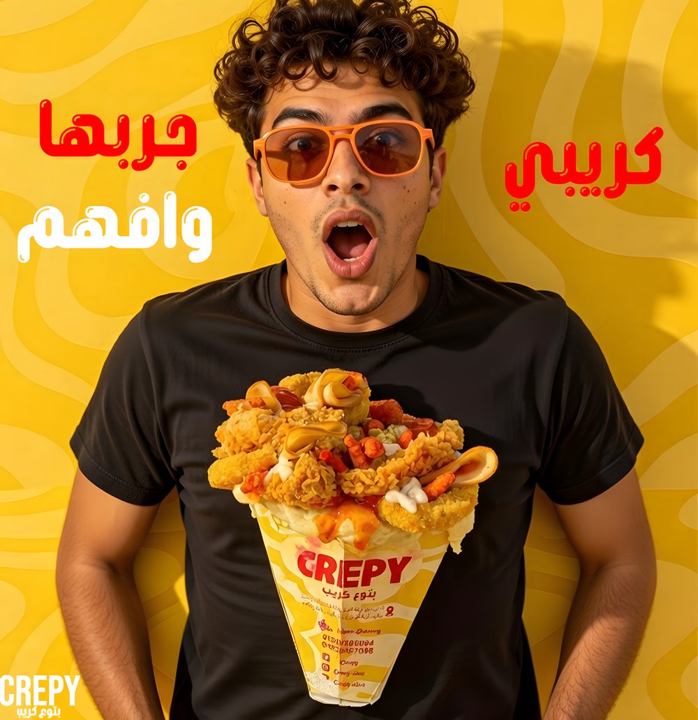 Crepy reaction creative: face-first model holding the crepe cone
