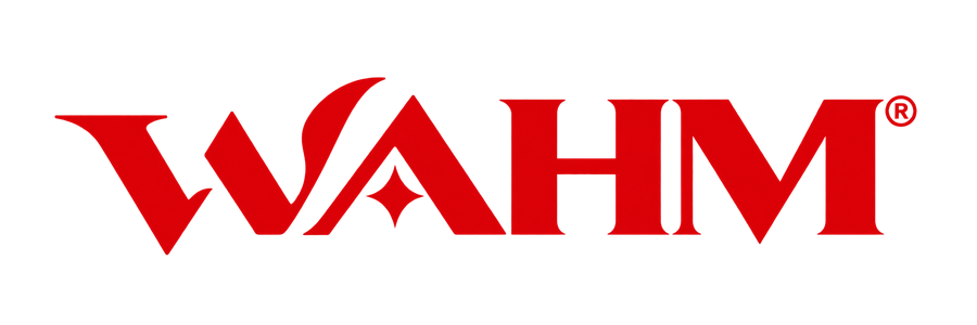 WAHM geometric red wordmark on black
